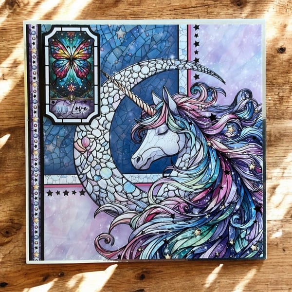 Magical Unicorn Stained Glass Handmade Card. 