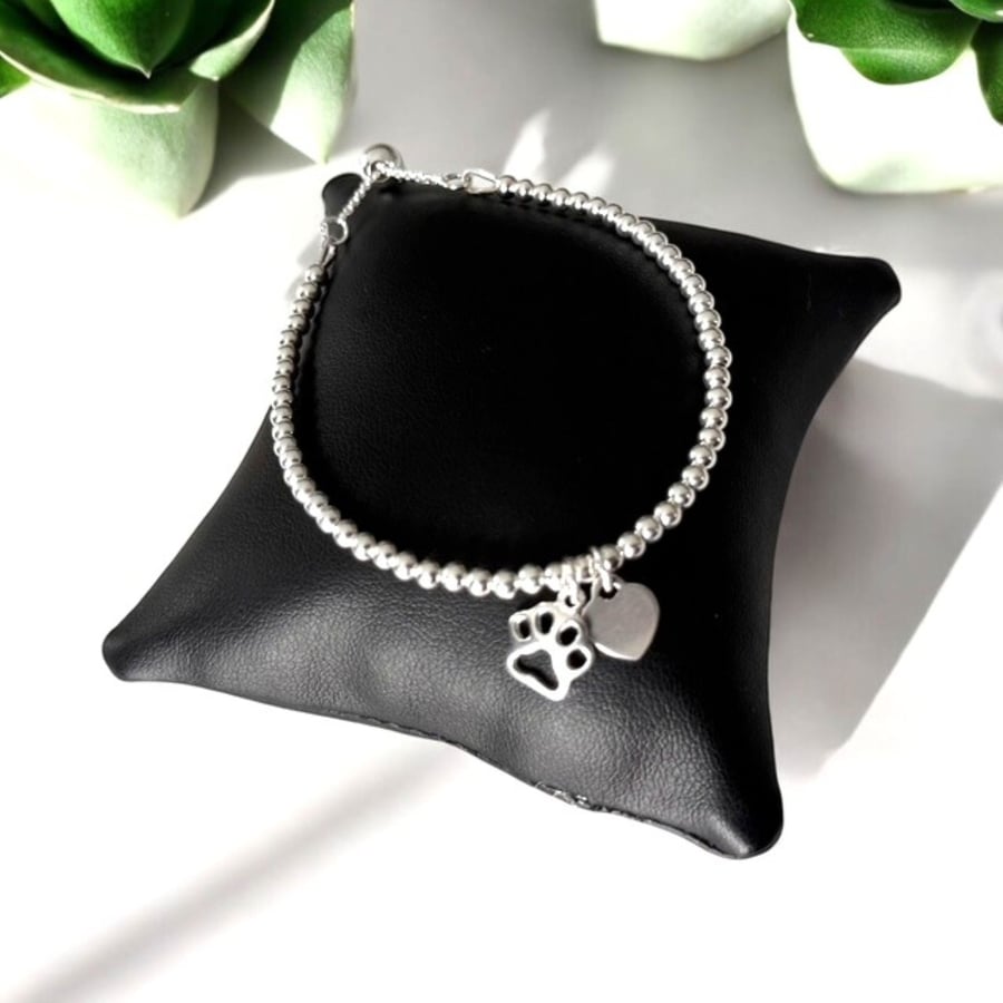 Sterling Silver Paw and Personalised Heart Charm Bead Bracelet, Adjustable 