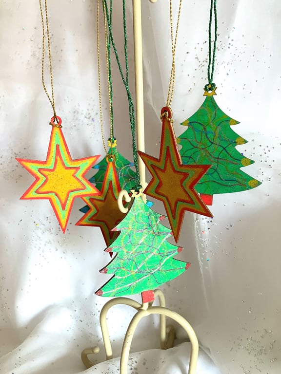 Hand painted stars and Christmas tree decorations 