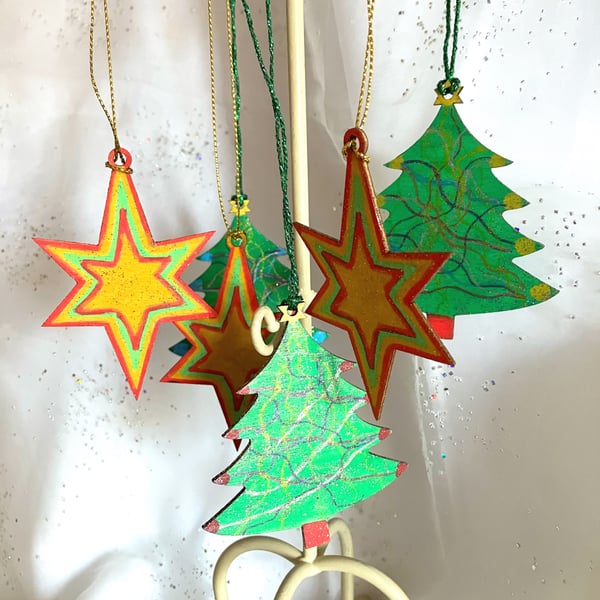 Hand painted stars and Christmas tree decorations 