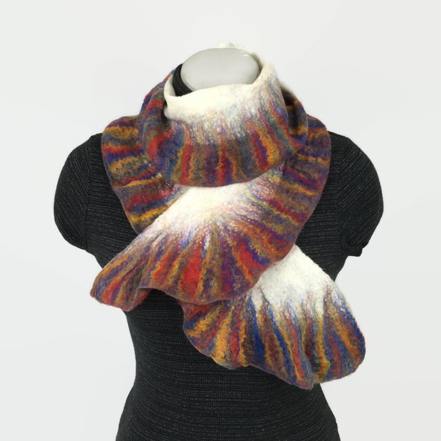 Narrow rainbow ruffle nuno felted scarf