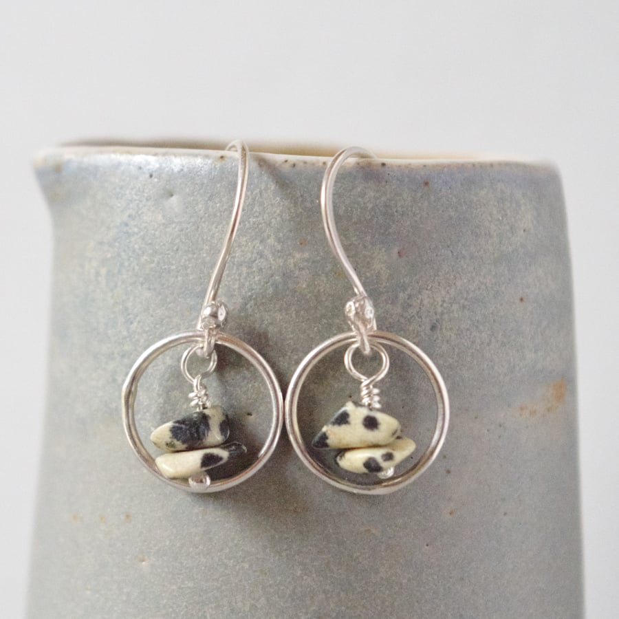 Dalmatian Jasper Spotted Earrings Sterling Silver Hooks