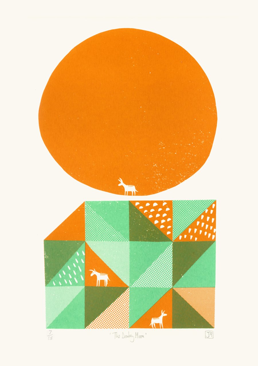 The Donkey Moon A3 two-colour screen-print (orange & green)