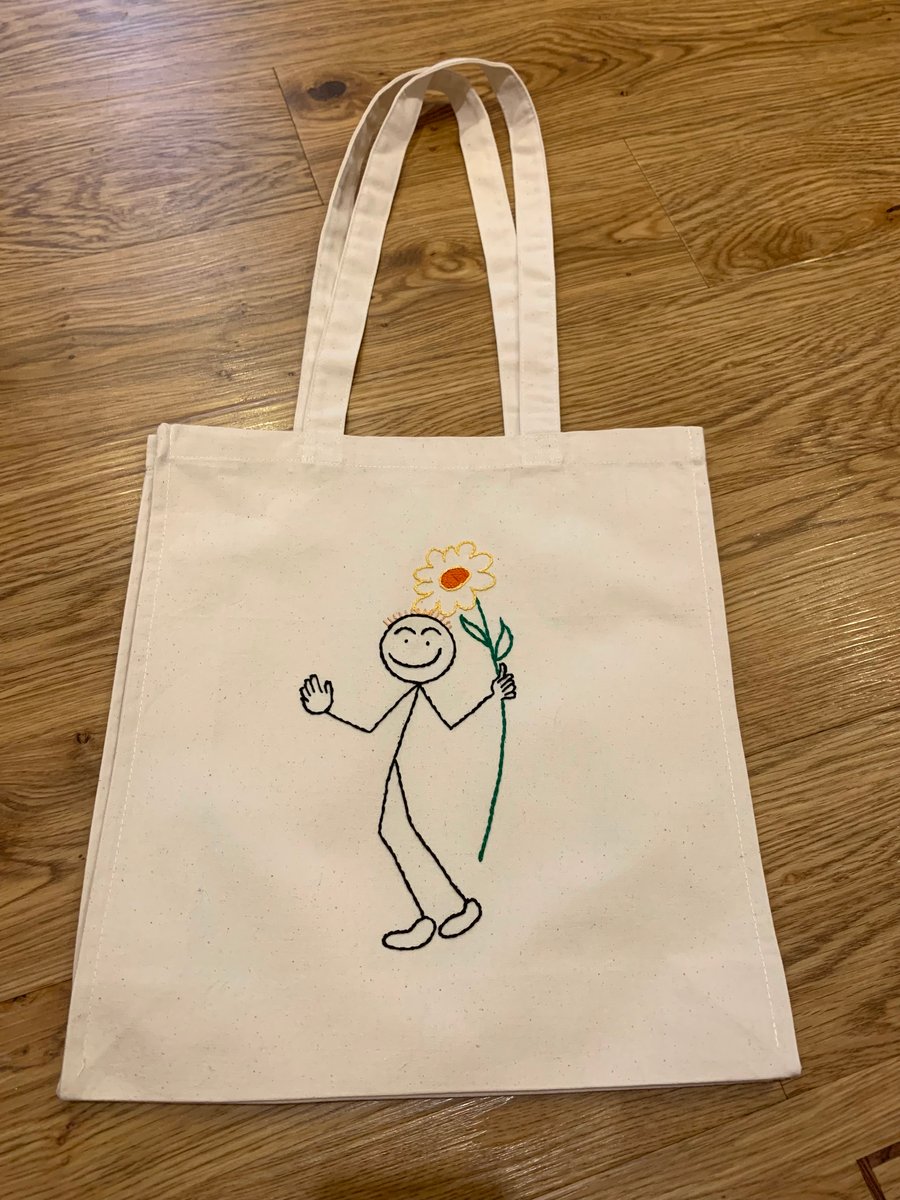 Unique quirky embroidered stickman tote bag, flower power,  boho 