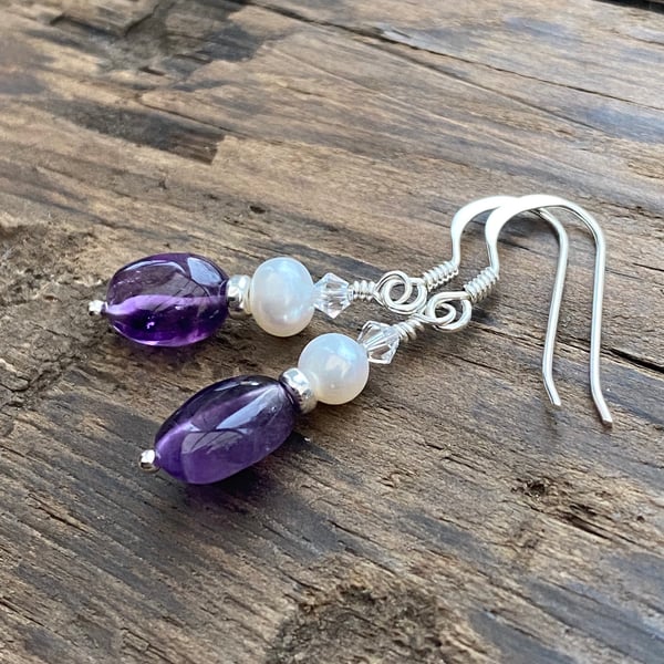 Amethyst, Pearl & Crystal Earrings. Sterling Silver. 