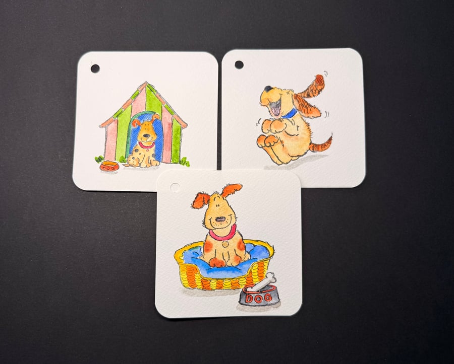 Hand watercoloured gift tags from Penny Black stamps - happy dogs