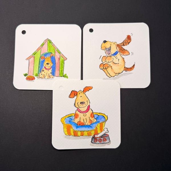 Hand watercoloured gift tags from Penny Black stamps - happy dogs