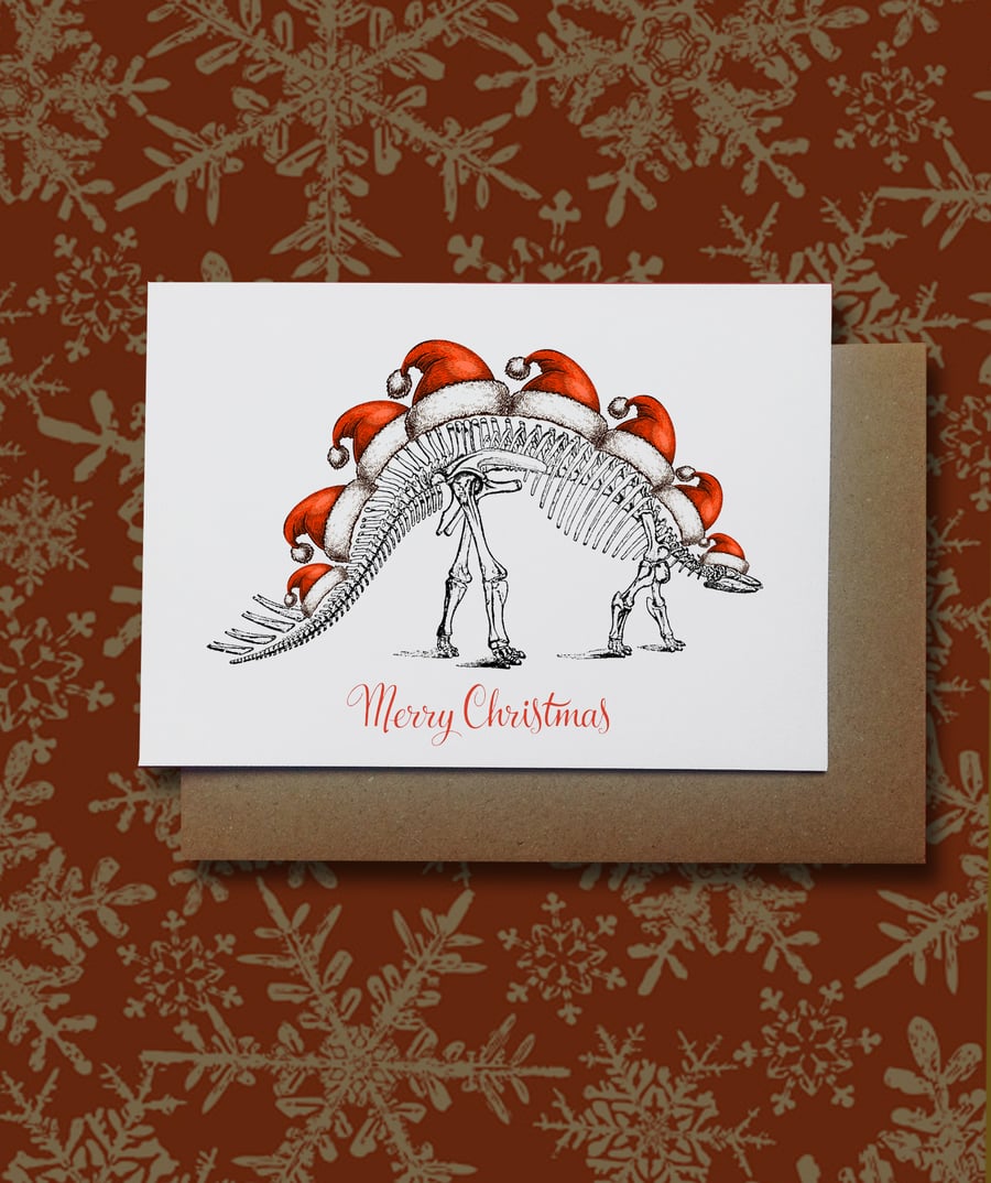 Funny Dinosaur Christmas Card, Stegosaurus with Santa Hats,