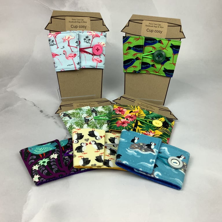 Handmade birds cup cosy, Mug sleeve, 7 options, Handmade