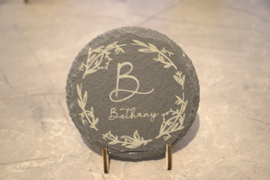 Rustic custom name Laser engraved Slate Coaster