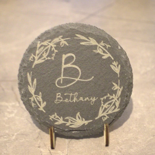 Rustic custom name Laser engraved Slate Coaster