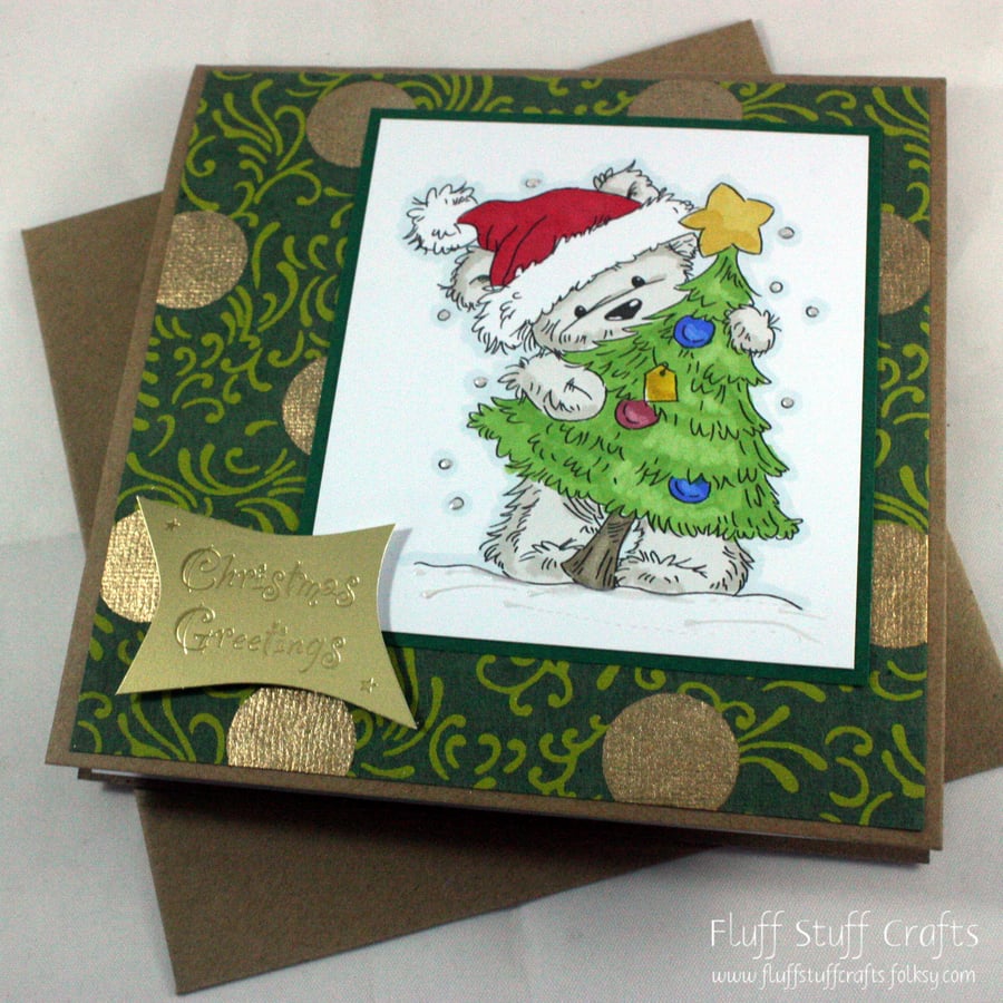 Handmade Christmas card - cute bear with Christmas tree
