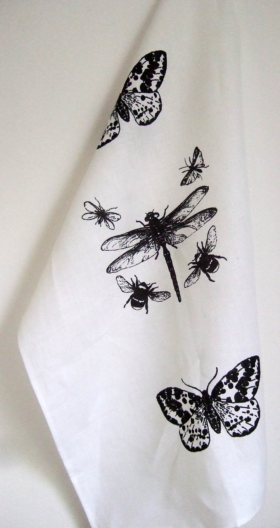 Dragonfly Insects  hand printed linen white Tea Towel Black and white 