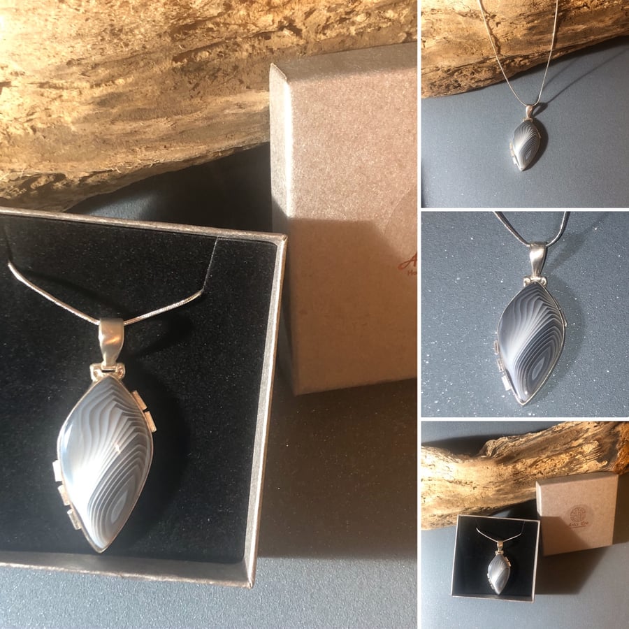 Grey Banded Botswana Agate Pendant in sterling silver on 22”chain