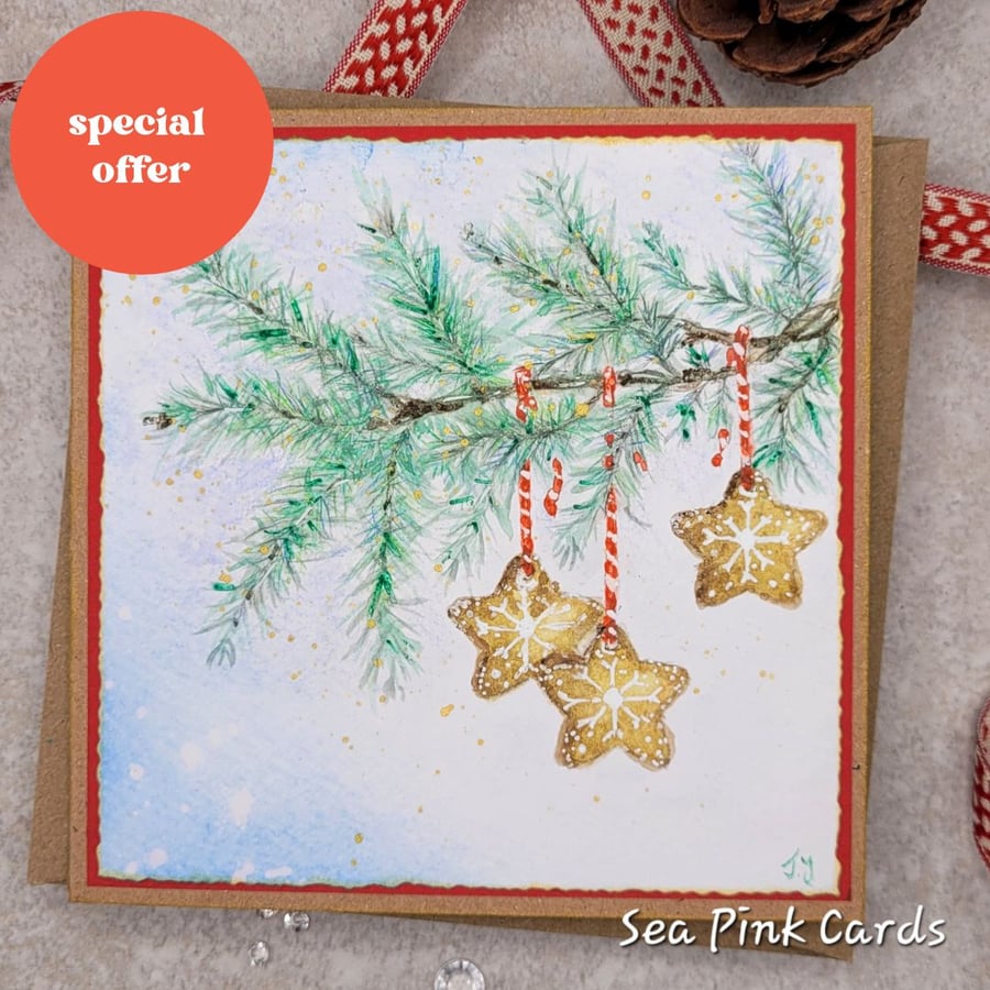 Handpainted Christmas Card - cards, pine branch, gingerbread stars, eco-friendly