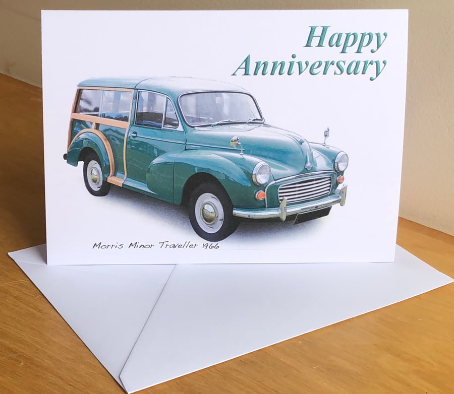 Morris Minor Traveller 1966 (Green) - Greeting Cards for the British Moggie fan