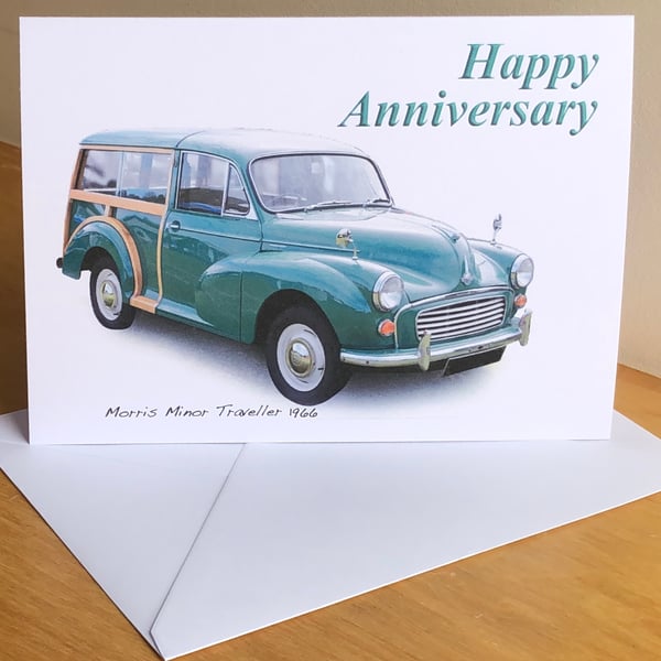 Morris Minor Traveller 1966 (Green) - Greeting Cards for the British Moggie fan