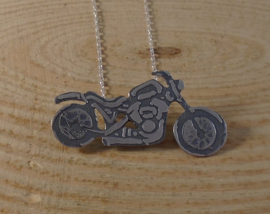 Sterling Silver Etched Motorbike Necklace