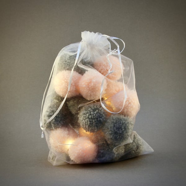 20 Pom Pom Fairy Lights - in Grey and Peach