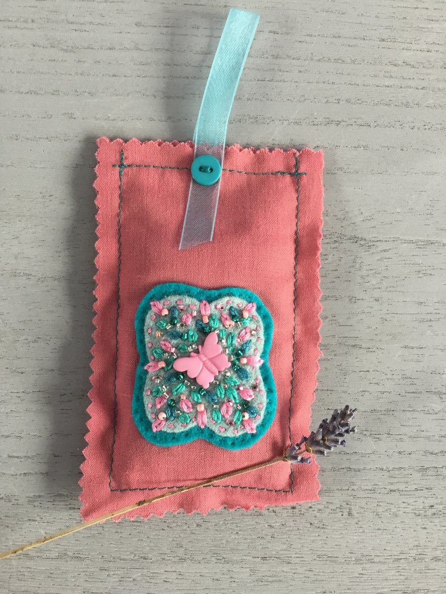 Hand Embroidered Butterfly Lavender Bag