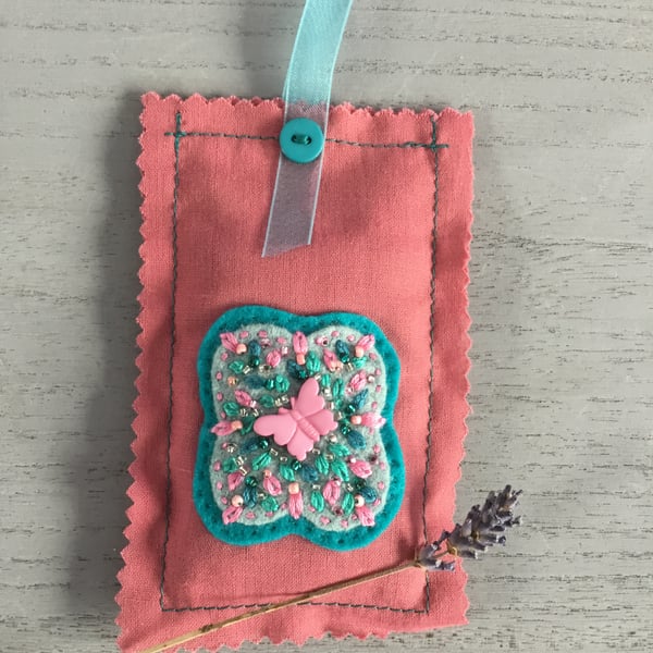 Hand Embroidered Butterfly Lavender Bag
