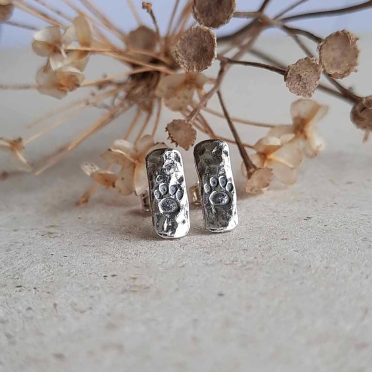 Hammered Silver Paw Print Stud Earrings - Recycled Sterling Silver