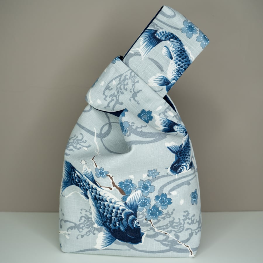 Reversible Japanese Knot Bag - Koi & Satura Pattern - Lined In Blue Satin