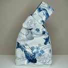Reversible Japanese Knot Bag - Koi & Satura Pattern - Lined In Blue Satin