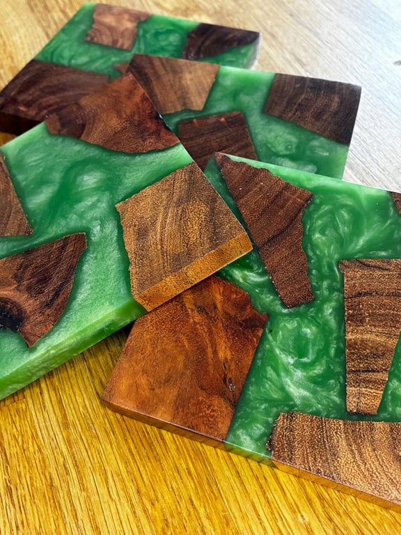 Green Resin Coasters - Handmade Wooden Drinks Coasters 