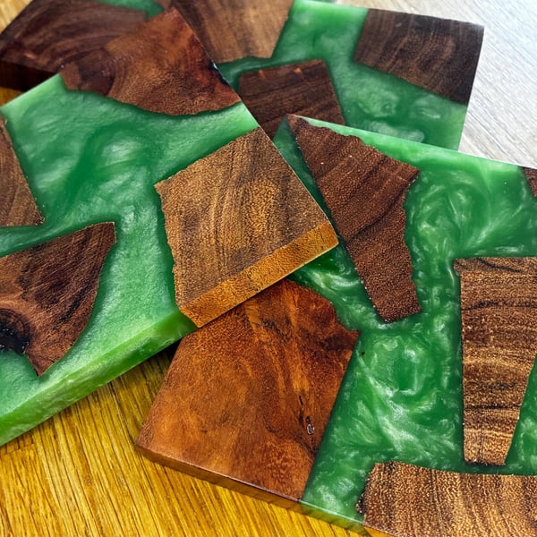 Green Resin Coasters - Handmade Wooden Drinks Coasters 