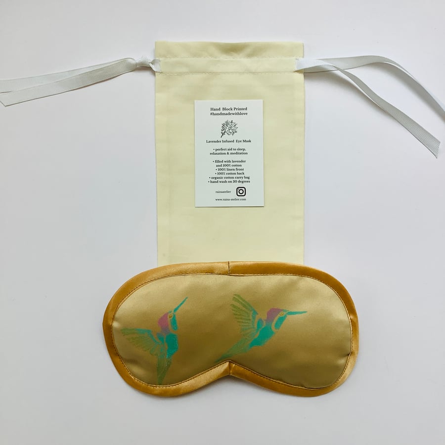 Yellow Hummingbirds Duchess Satin lavender infused eye mask