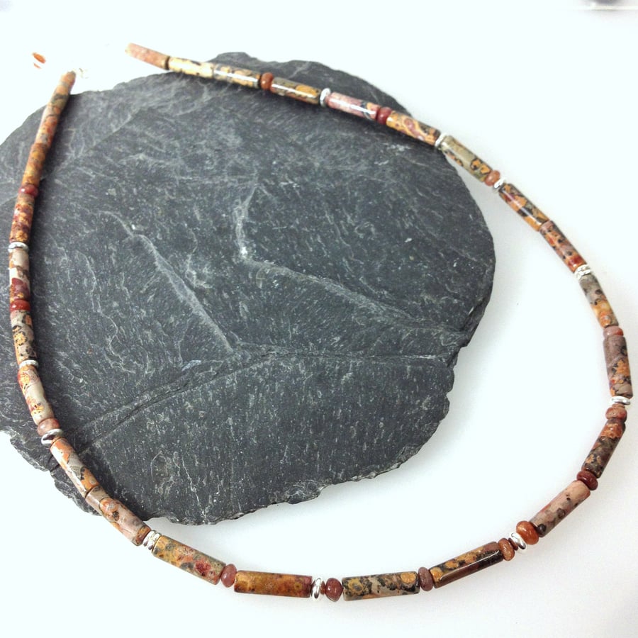 Sterling silver, jasper and ruby necklace