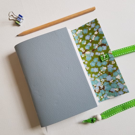 Blossom Chiyogami Journal or Notebook, Hand Bound in Pale Blue Leather, A6