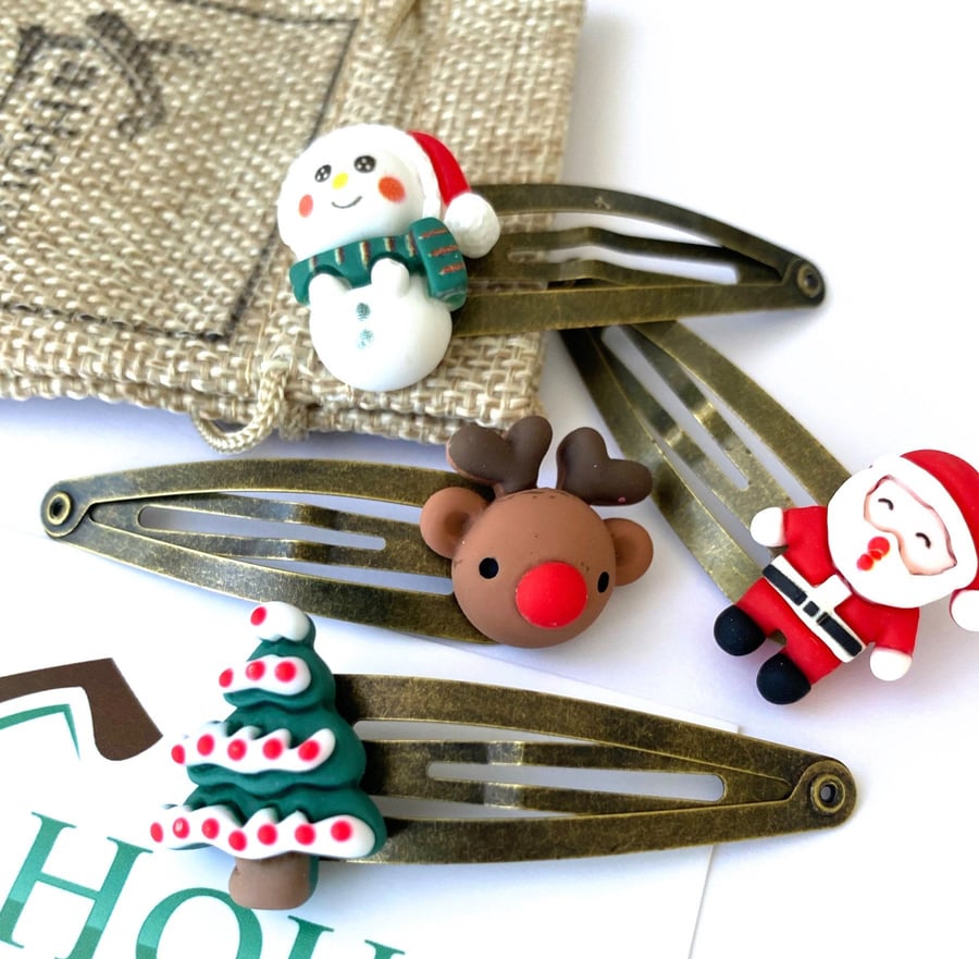 Vintage Christmas Hair Clip Set x4 - Antique Gold Christmas Clips - Xmas Hair Cl