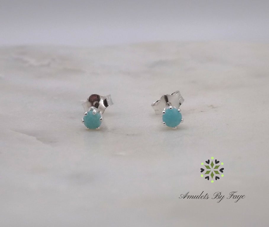 Amazonite Facet 3mm Gemstone 6 Prong Sterling Silver Stud Earrings.