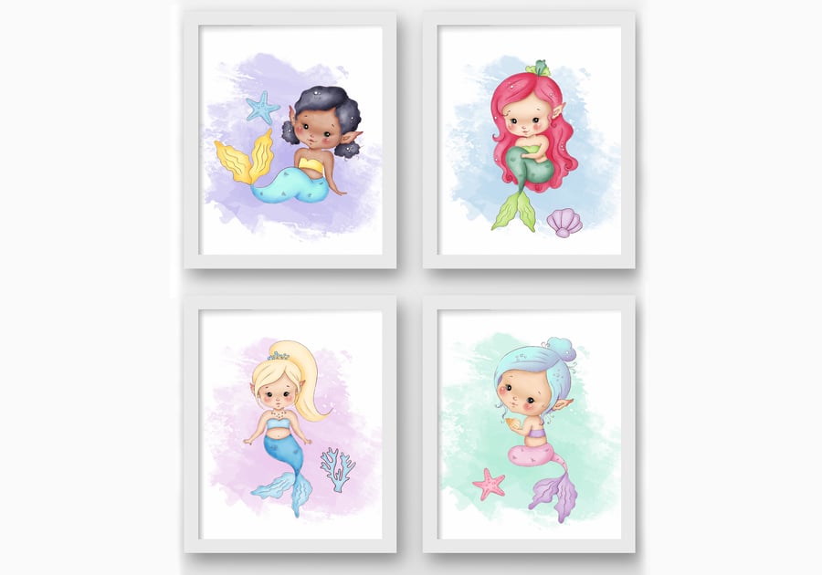 Watercolour mermaid nursery prints, mermaid wall decor, mermaid wall prints