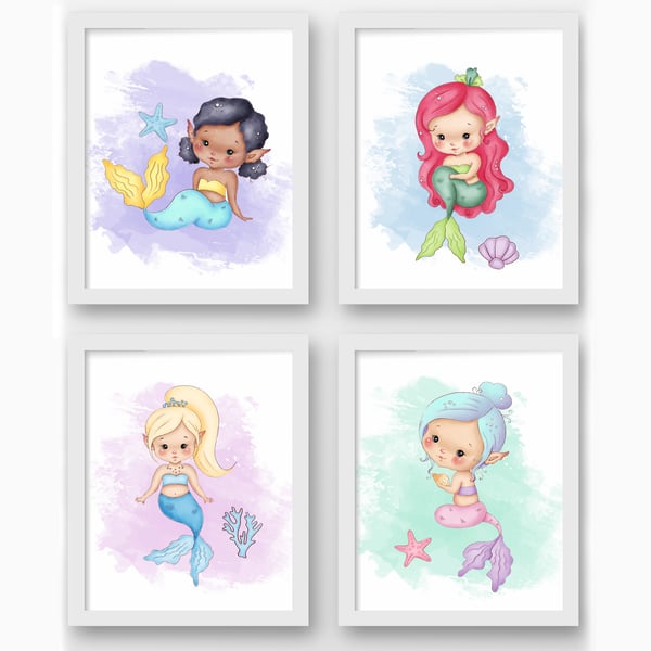 Watercolour mermaid nursery prints, mermaid wall decor, mermaid wall prints