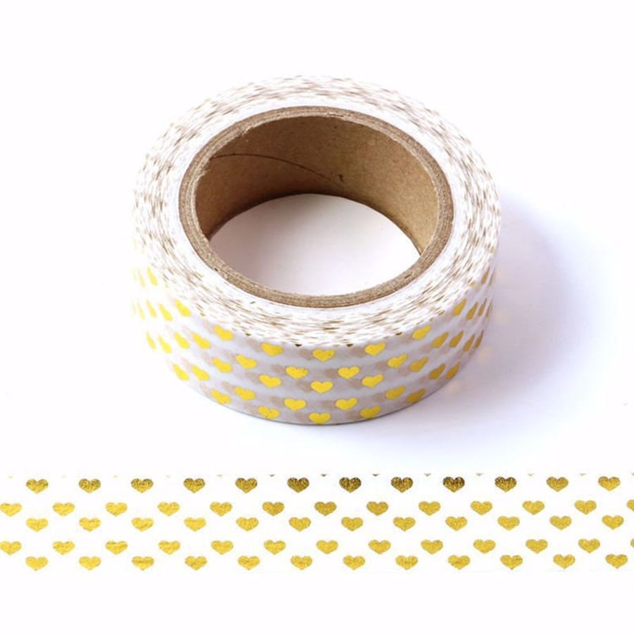 White with Gold Foil Hearts Washi Tape UK Decorative Masking Stick on Trim 15mm 