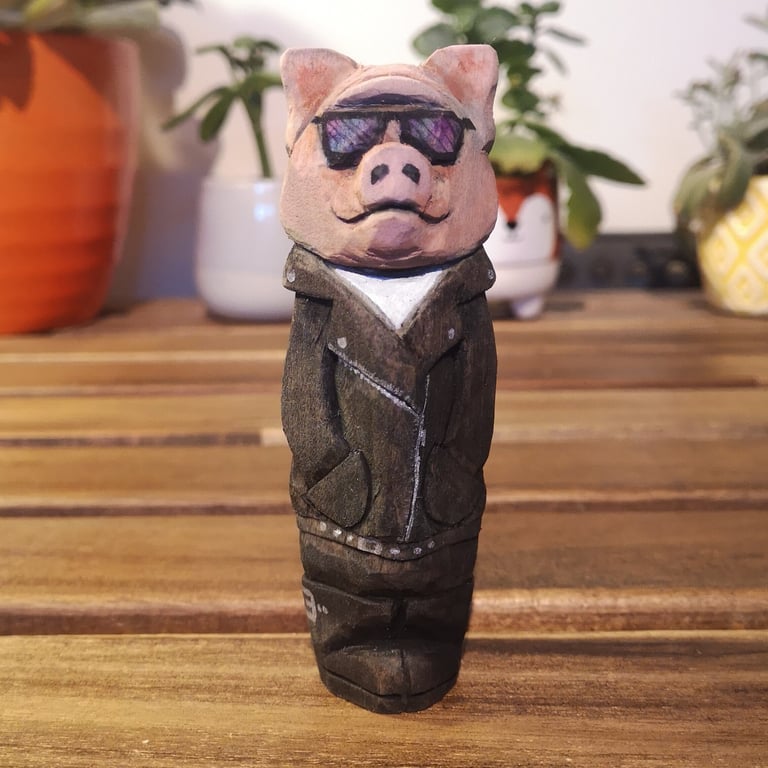 Hand carved, painted and finished wooden Harley the Biker Pig