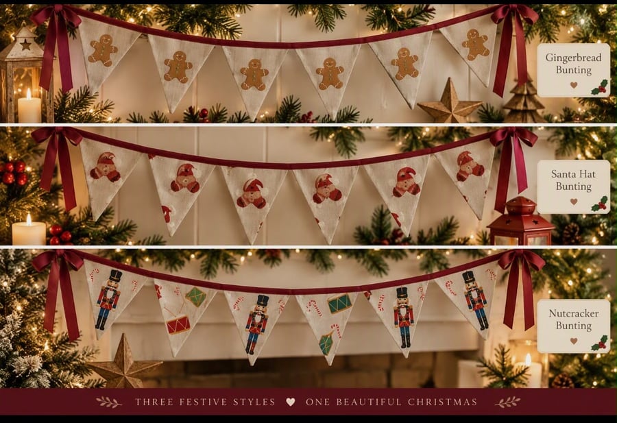 Christmas Bunting,Cotton, linen look with Various Seasonal Prints. Decoration