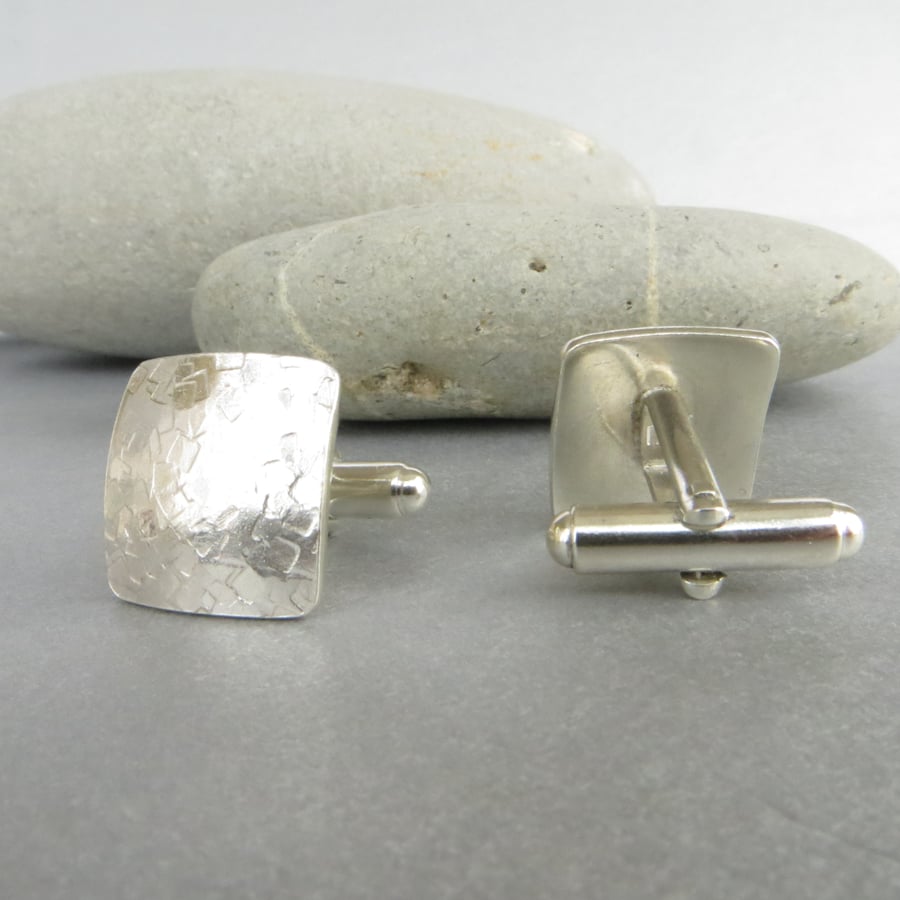 Sterling Silver Cufflinks, Hallmarked Square Textured Cufflinks, Gift Boxed 