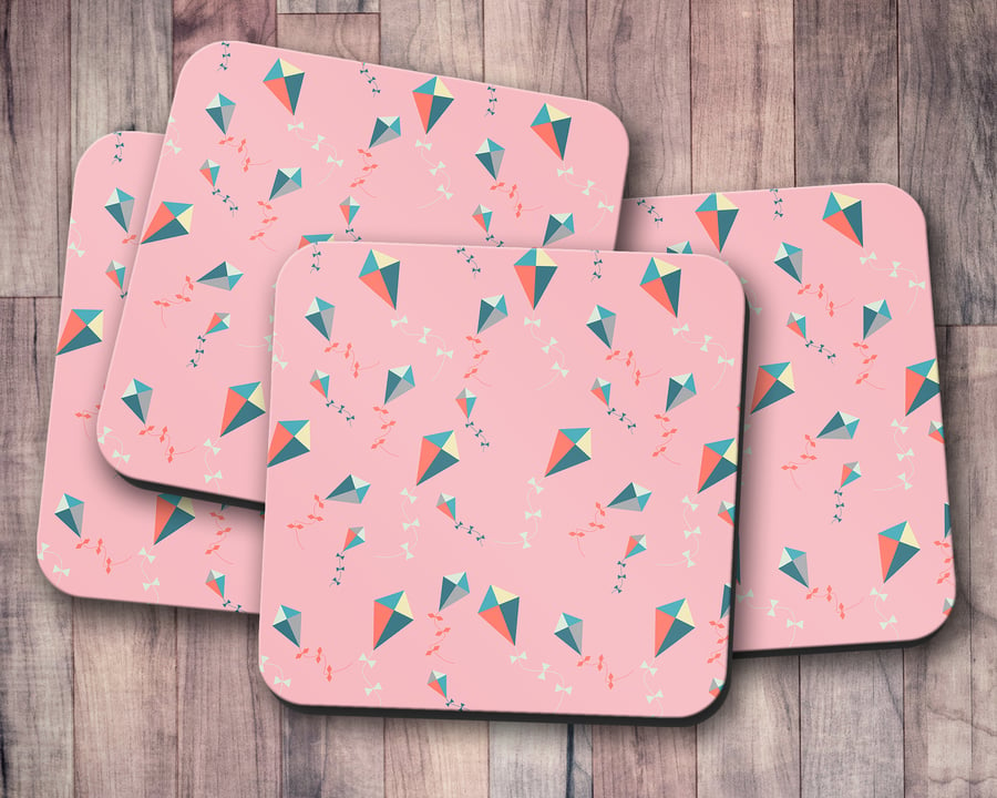Set of 4 Pink Coasters with a Kites Design, Drinks Mat