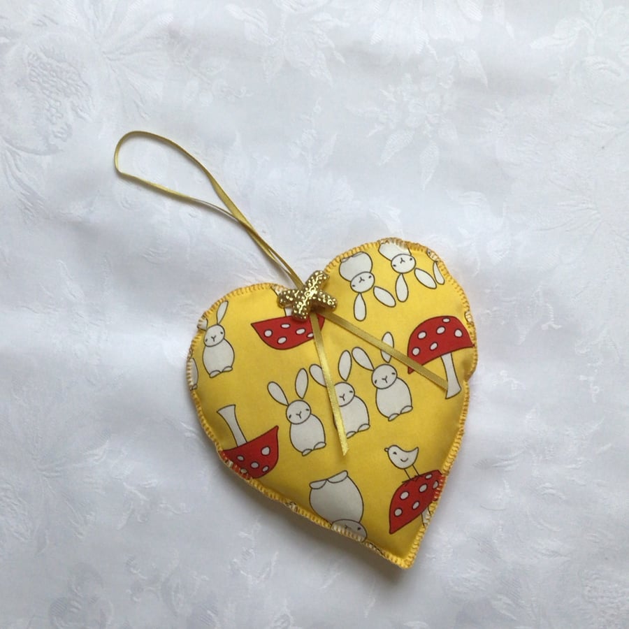 Hanging heart, yellow, rabbits, toadstools, Easter decor, fabric decoration, 