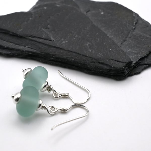 small frosted aqua lampwork glass earrings