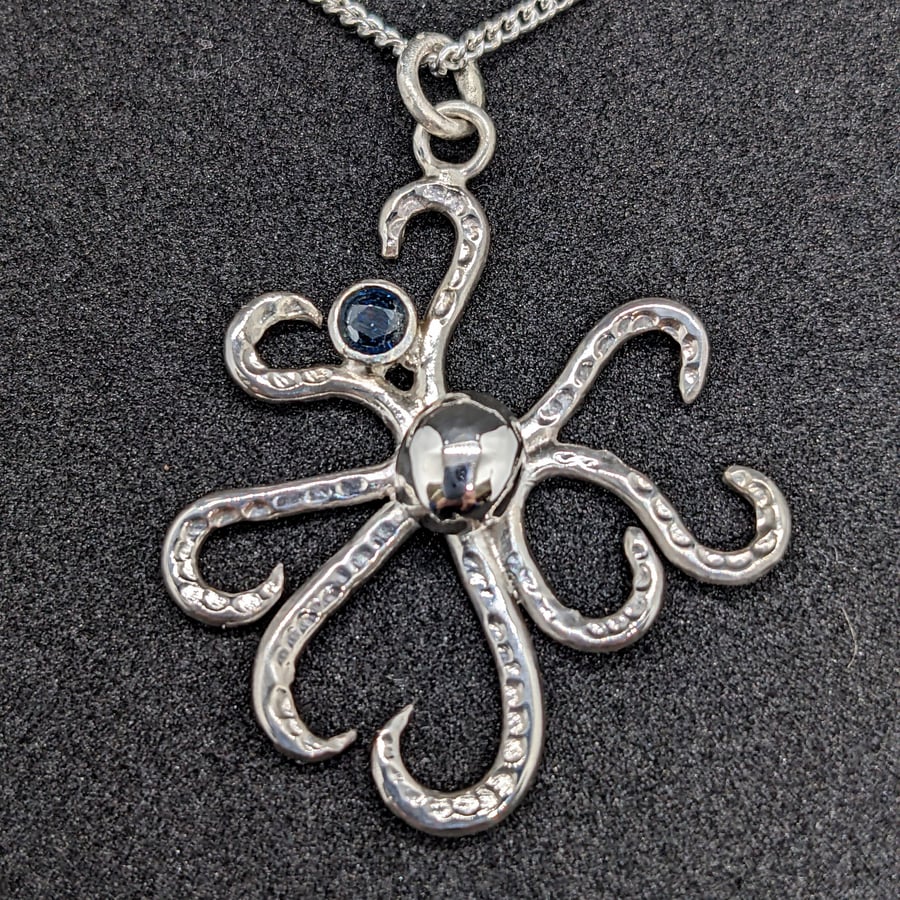 Sterling silver octopus pendant, Blue sapphire necklace, Sterling silver pendant