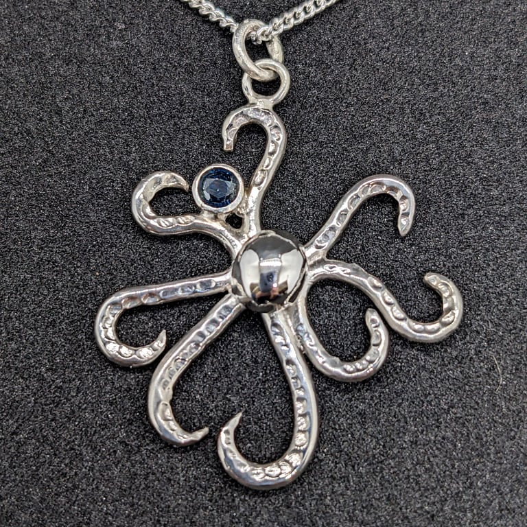 Sterling silver octopus pendant, Blue sapphire necklace, Sterling silver pendant