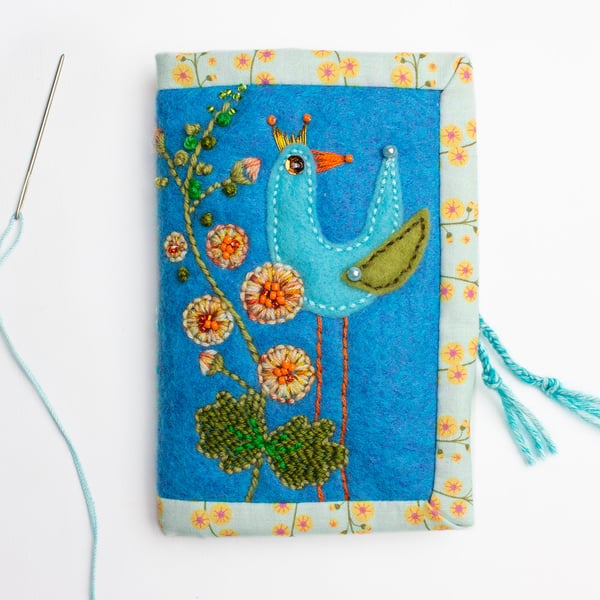 Turquoise felt needle case hand with hand embroidered hollyhock and bird