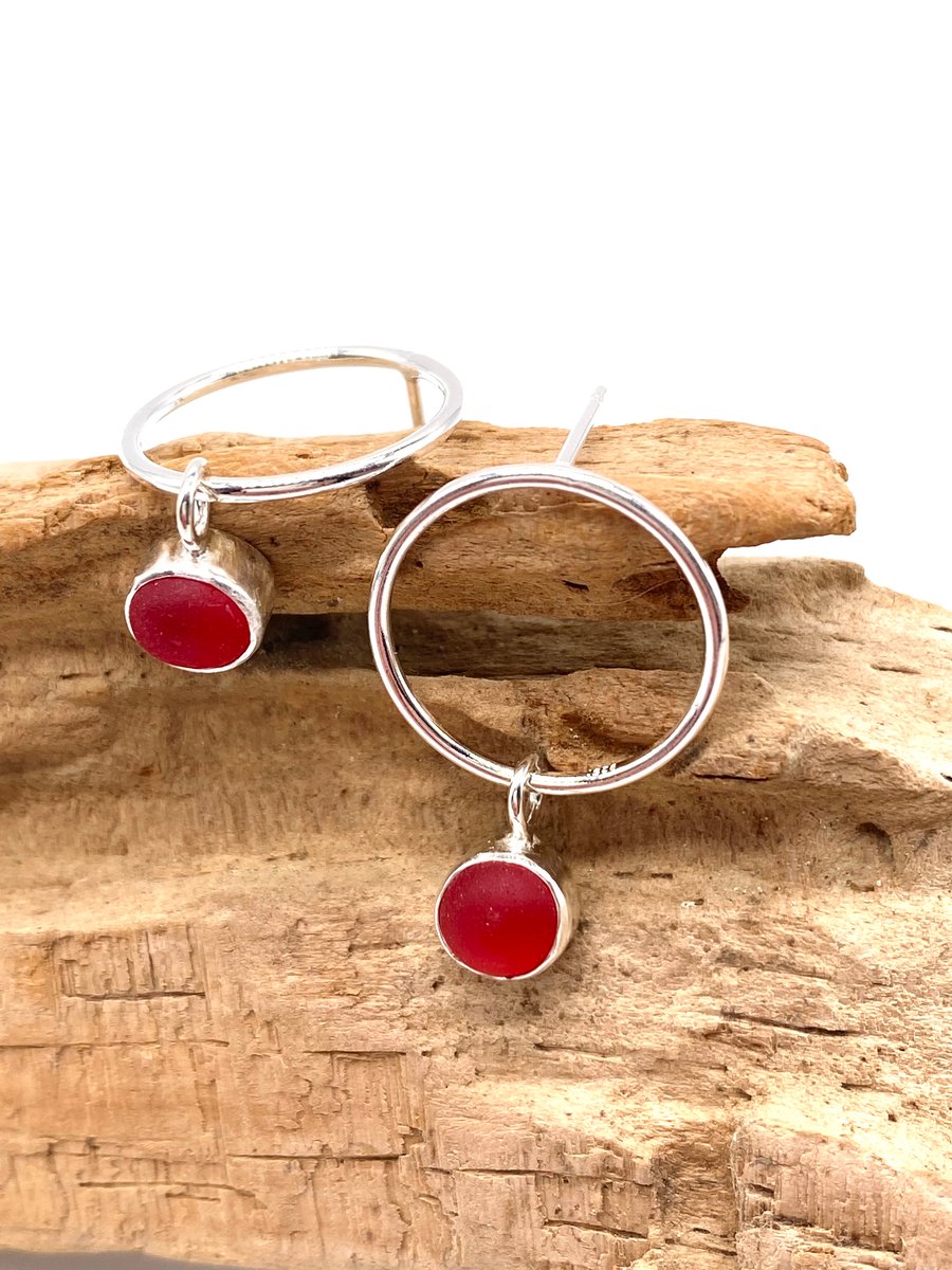 Red Sea Glass Bubble Stud Earrings