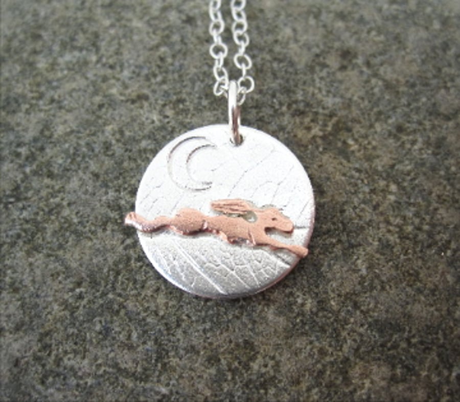 A'Magical' Running Copper Hare and Moon Silver Pendant   Necklace, Gift, Freedom