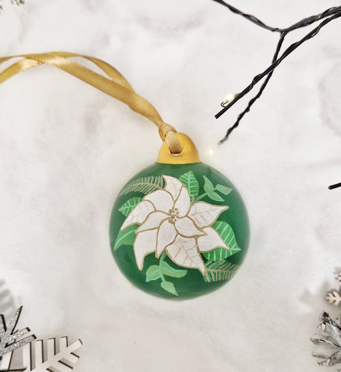 Hand Painted Green Ceramic Poinsettia Bauble 